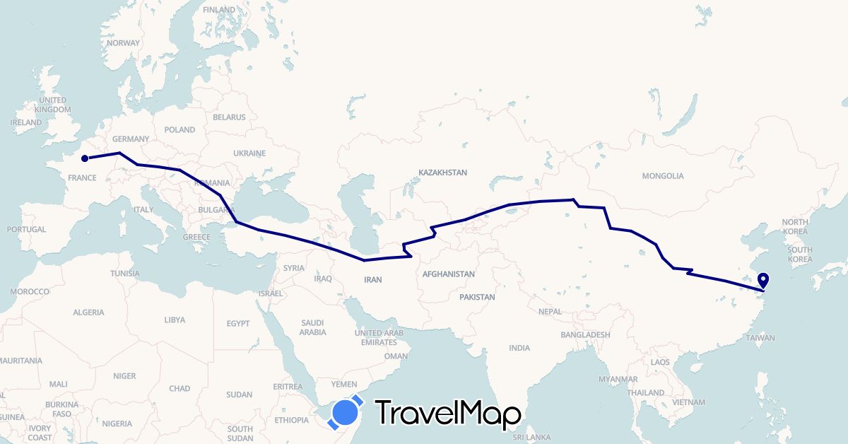 TravelMap itinerary: driving in China, Germany, France, Hungary, Iran, Kazakhstan, Romania, Turkmenistan, Turkey, Uzbekistan (Asia, Europe)